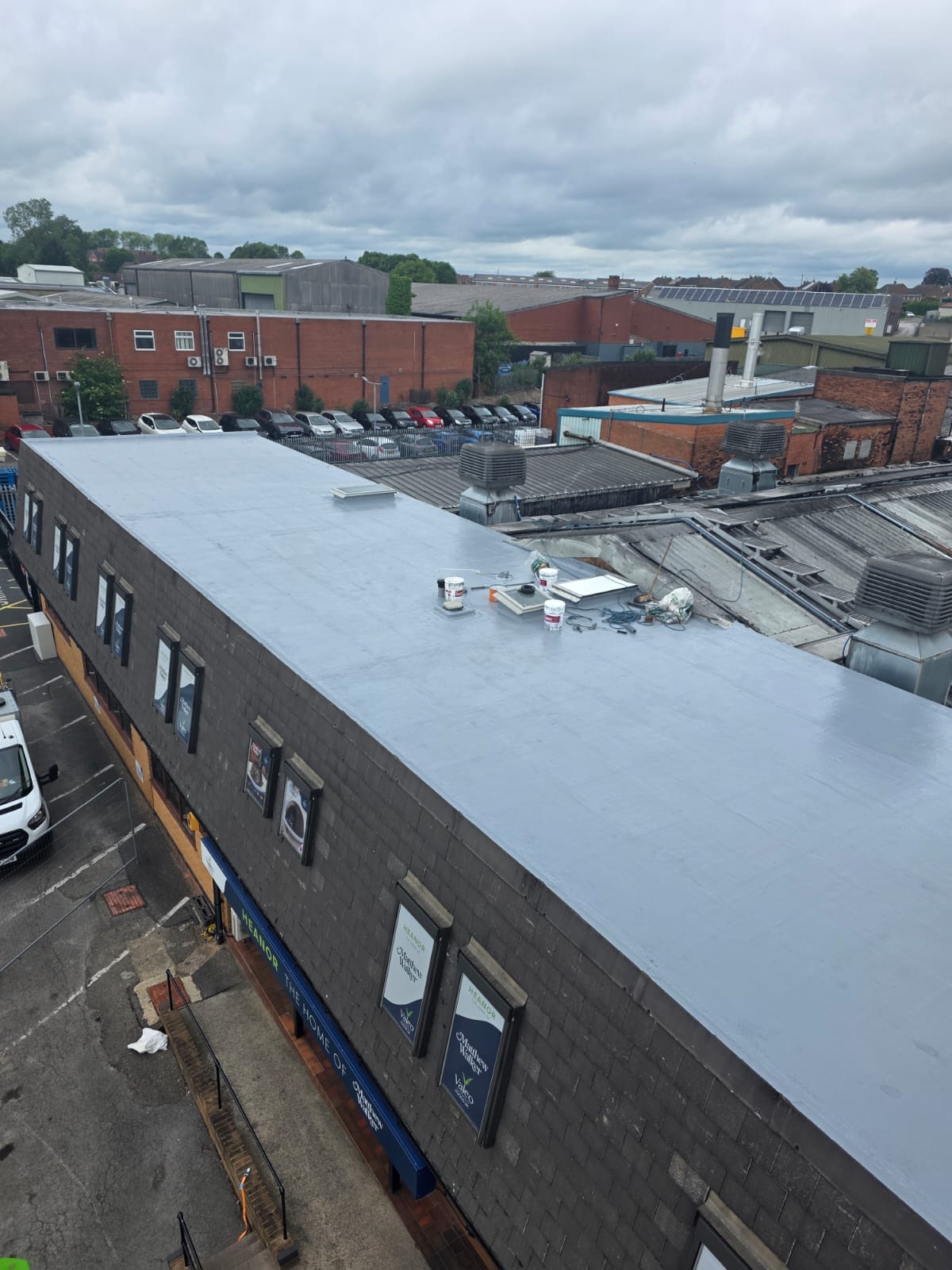 Completed seamless GacoFlex silicone membrane across the Heanor commercial flat roof